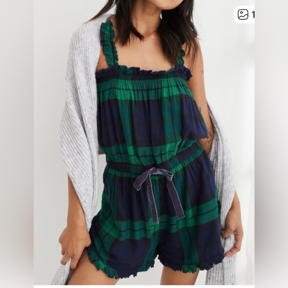 Aerie Green Plaid Flannel Smocked Strap Jumpsuit